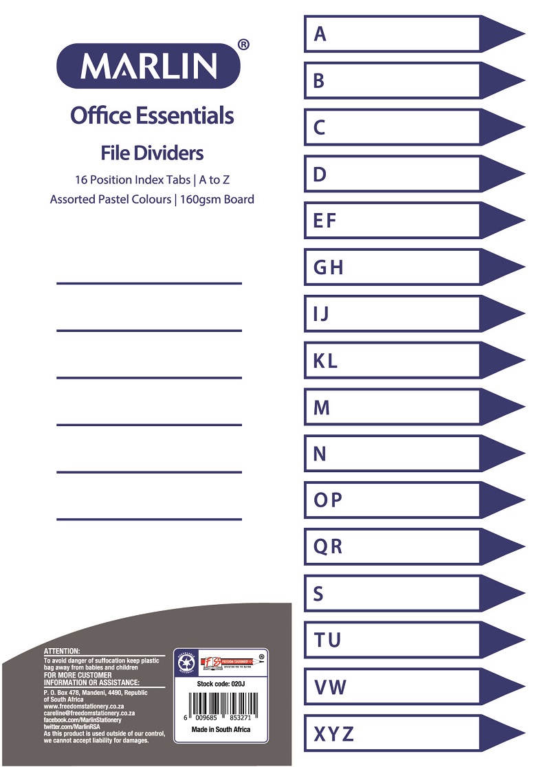 Marlin File 16 (A – Z) Index Dividers 160gsm Pastel Colours
