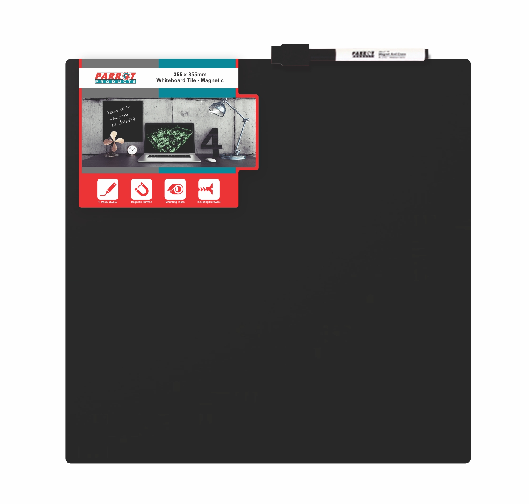 Parrot Whiteboard Tile Magnetic 355 x 355mm – Black