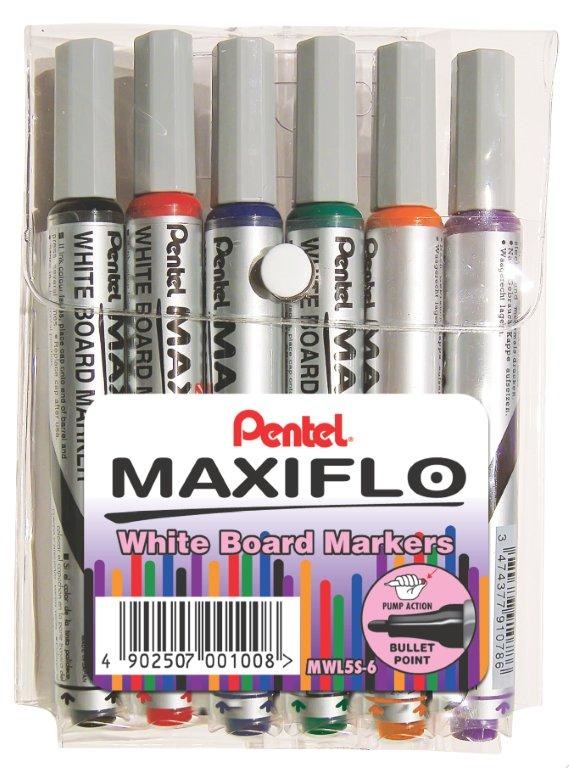 Pentel Maxiflo 4.0mm Bullet Tip Whiteboard Markers – Wallet of 6