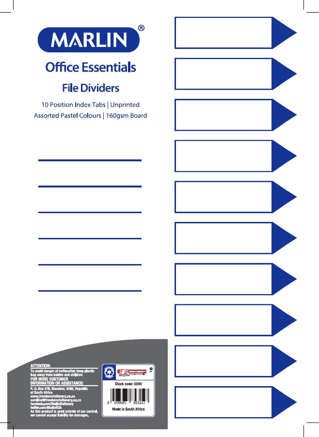 Marlin File 10 Unprinted Index Dividers 160gsm Pastel Colours