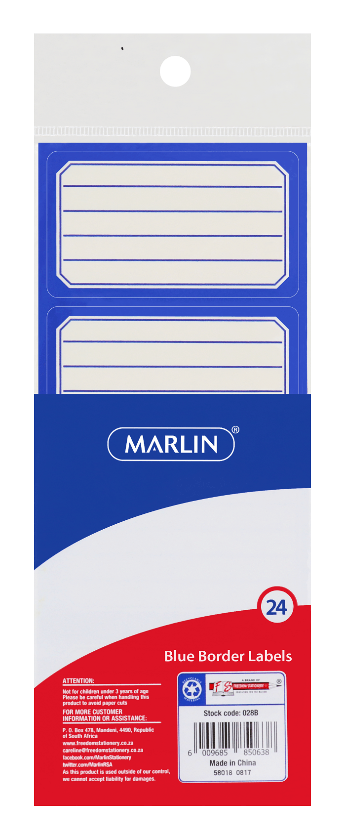 Marlin Blue Border School Labels with Lines 24’s