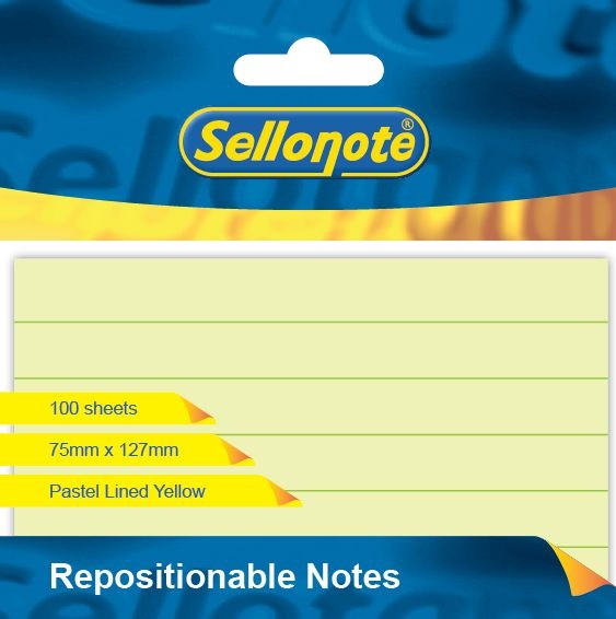 Sello-Note 100 Sheet Pastel Yellow Lined Repositionable Notes – 75 x 127mm