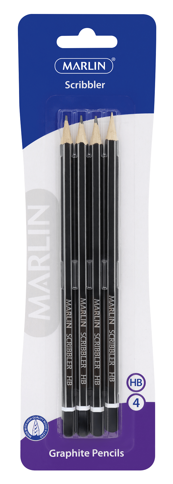Marlin Scribbler Black & Silver Striped HB Pencils – Blister of 4