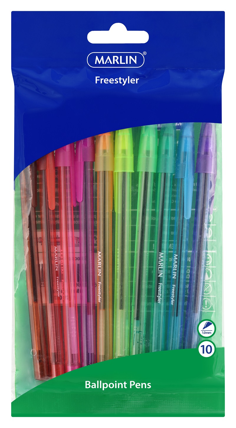 Marlin Freestyler Transparent Medium Ballpoint Pens – 10 Assorted Colours