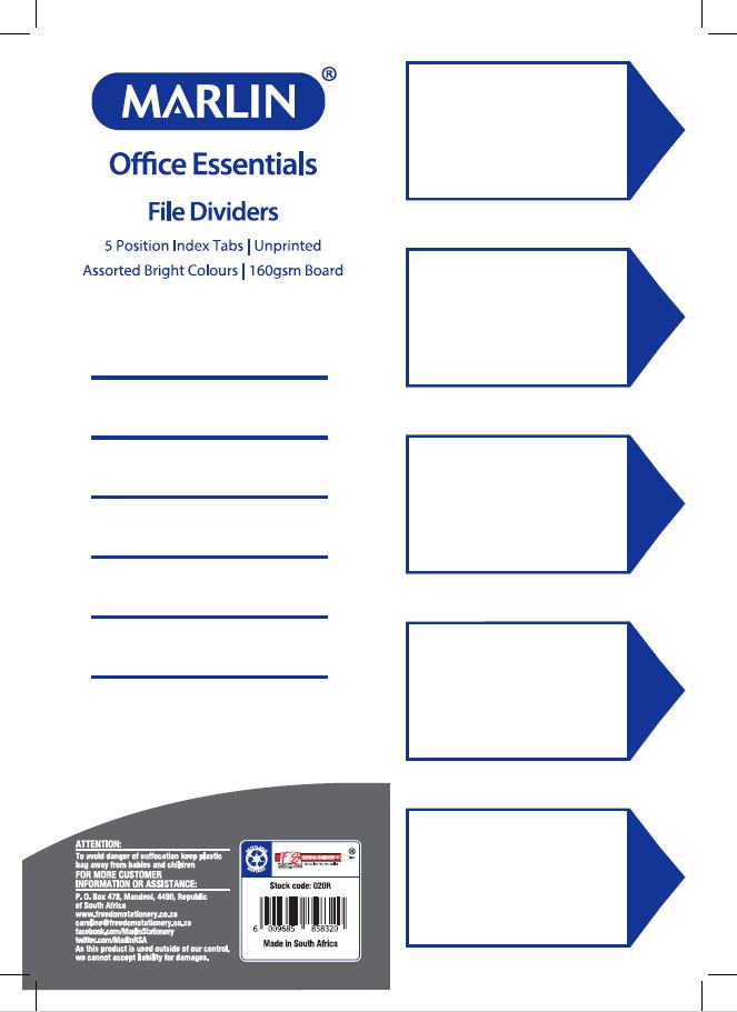 Marlin File 5 Unprinted Index Dividers 160gsm Bright Board