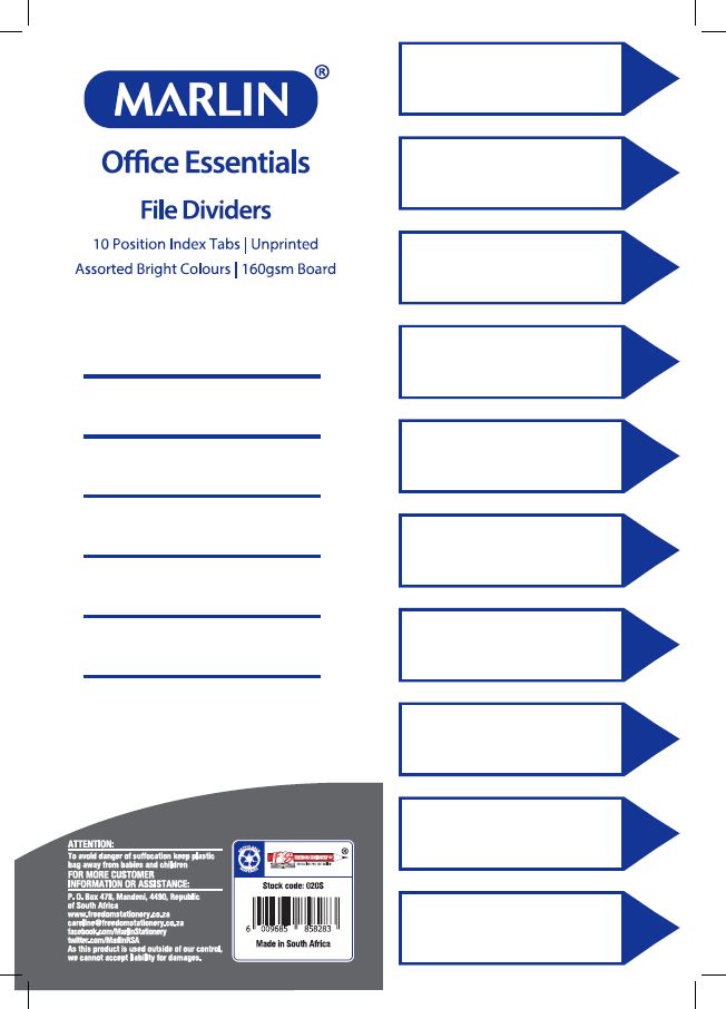 Marlin File 10 Unprinted Index Dividers 160gsm Bright Board