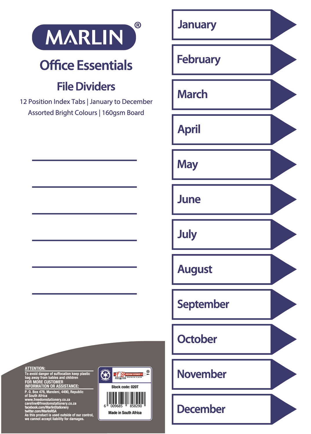 Marlin File 12 (Jan – Dec) Index Dividers 160gsm Bright Board