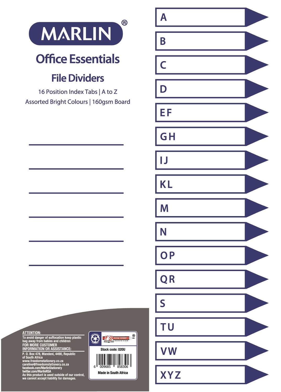 Marlin File 16 (A – Z) Index Dividers 160gsm Bright Board – Pack of 10