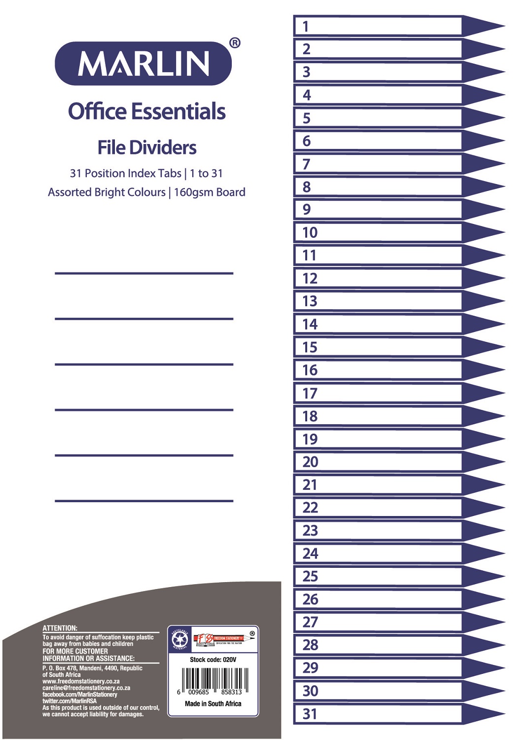 Marlin File 31 (1 – 31) Index Dividers 160gsm Bright Board
