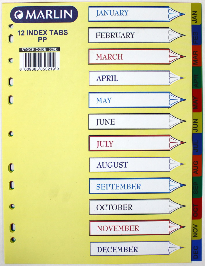 Marlin File 12 (Jan – Dec) Index Dividers Polyprop Bright Colours