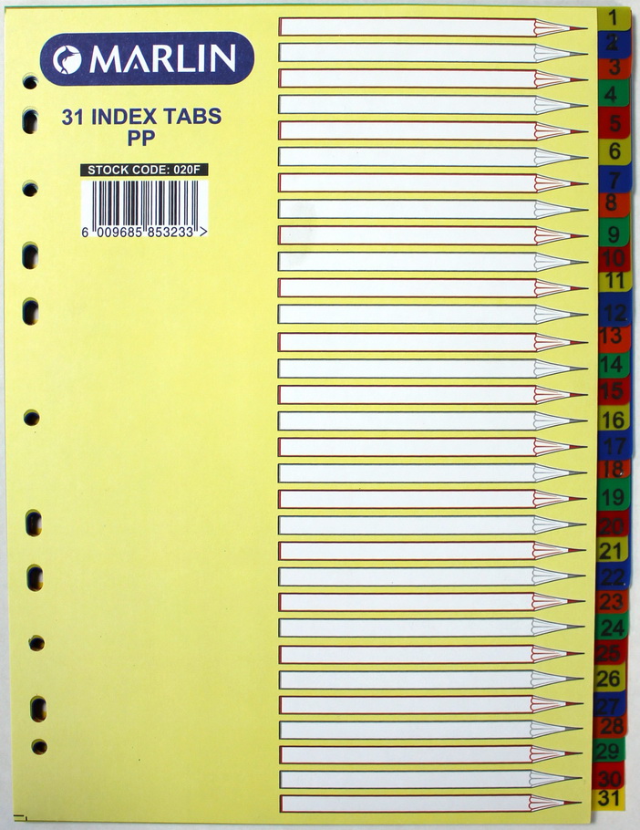 Marlin File 31 (1 – 31) Index Dividers Polyprop Bright Colours