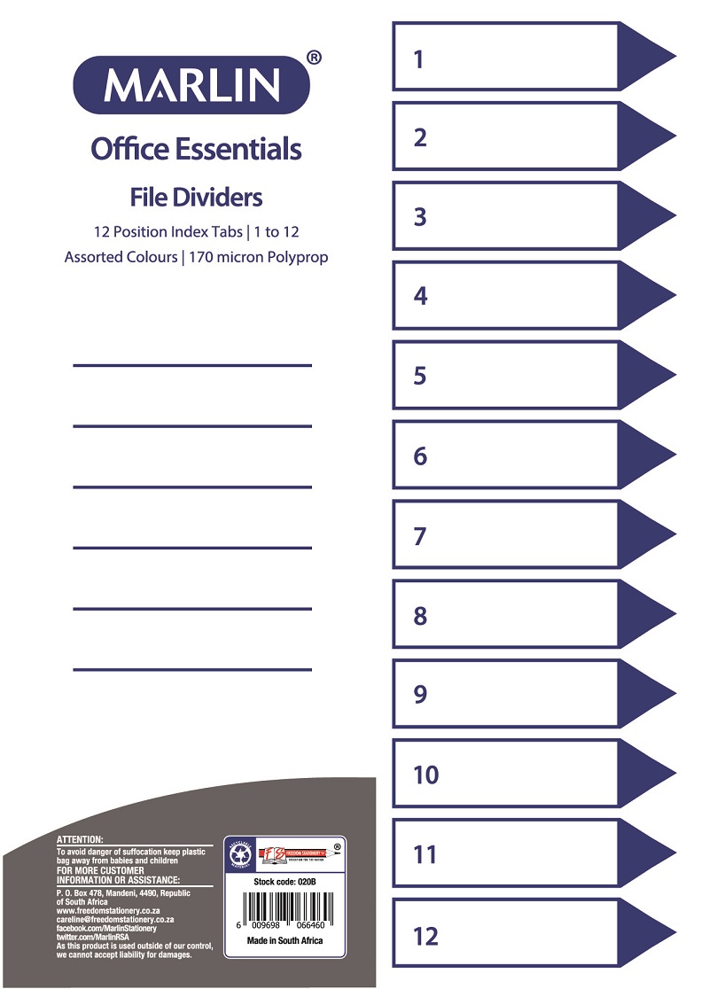 Marlin File 12 (1 – 12) Index Dividers Polyprop Bright Colours