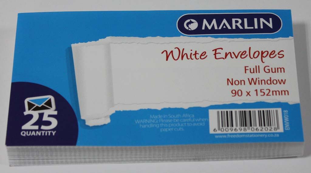 Marlin White Full Gum Non Window Envelopes – 25
