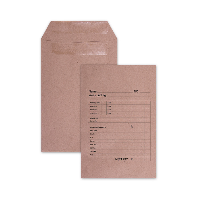 LEO Manilla Printed Wage Gummed Envelopes – Open Short Side – Box of 500