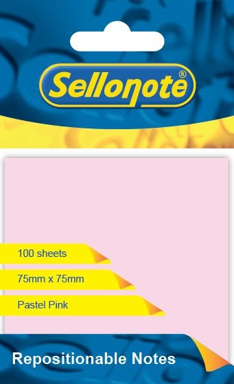 Repositionable: Notes – 75 x 75mm – 100 Sheets – Pastel Pink