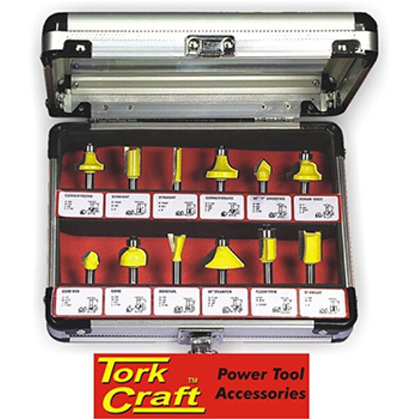 Tork Craft ¼ Inch 12pc router Bit Set in Aluminium and Glass Case