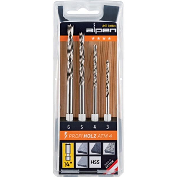 Alpen Hex Shank Set Hss for Wood 4 Piece 3 4 5 6mm