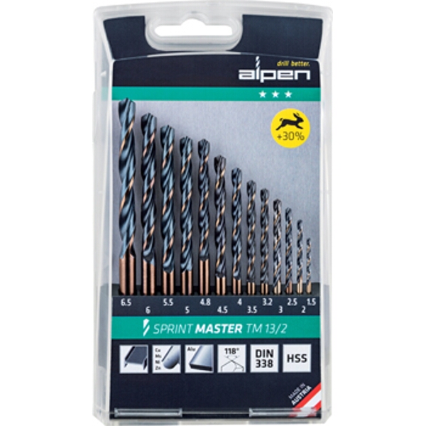 Alpen Hss Sprint Drill Bit Set 13 Piece 1.5-6.5 3.2+4.8