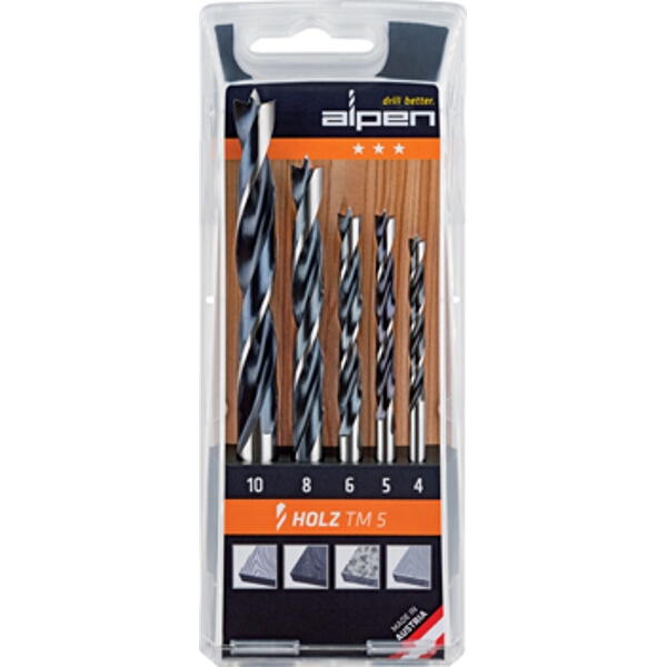Alpen Wood Drill Bit Set 5 Piece 4-5-6-8-10