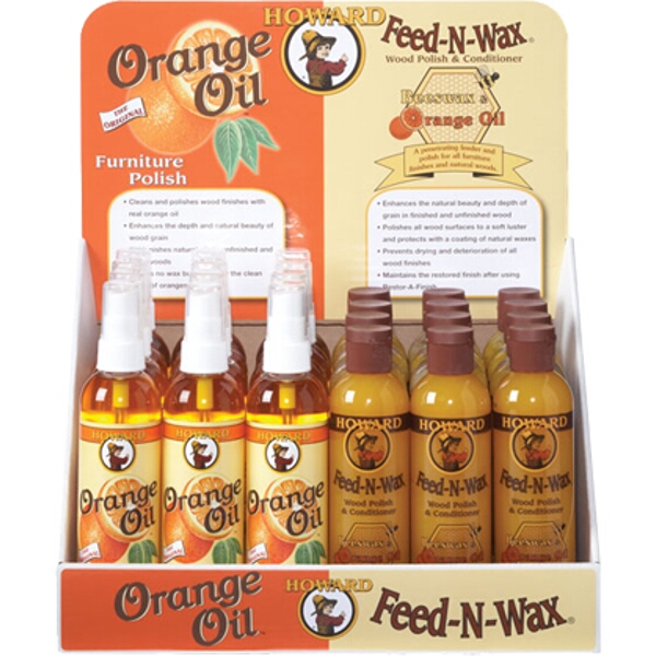 Howard Counter Display Feed-N-Wax & Orange Oil 12 x Each 8Fl.Oz
