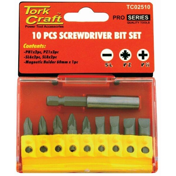 Tork Craft Screwdriver Bit Set 10 Pieces (Ph2x2.Pz2x3Slotted6mmx2.8mmx2)