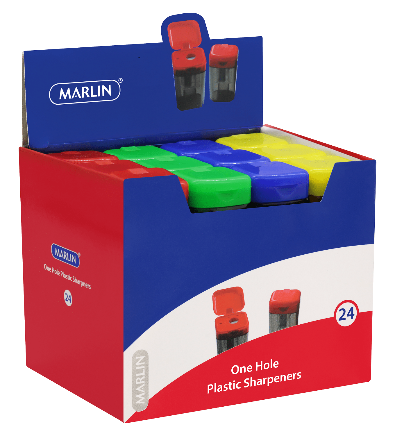 Marlin: Plastic Sharpeners With Canister Assorted 24’s – 1 Hole