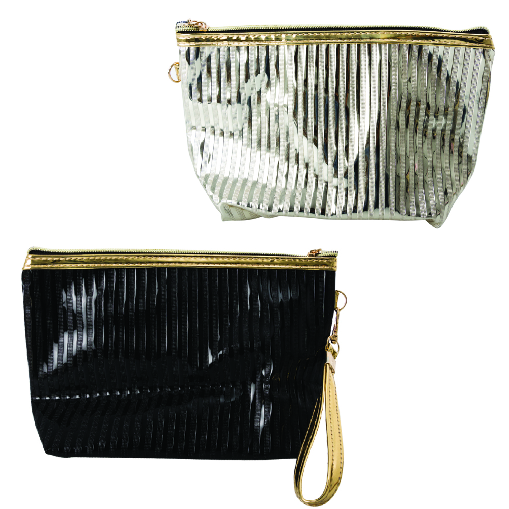 Cosmetic Metallic Stripped Bags- Black & Gold