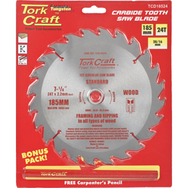 Tork Craft Blade TCT 185 x 24T 20/16 General Purpose Rip