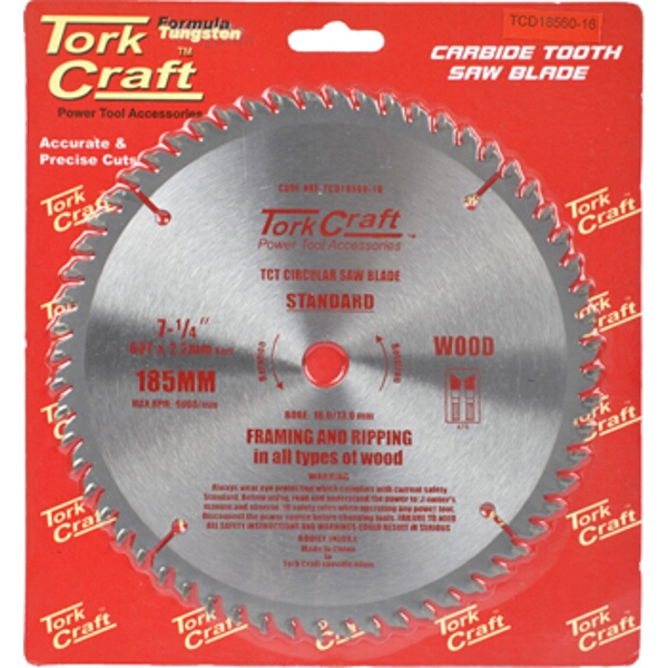 Tork Craft Blade TCT 185 x 60T 16mm General Purpose Cross Cut