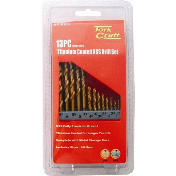Tork Craft Drill Bit Set 13 Piece Tin. Coated Metal Case