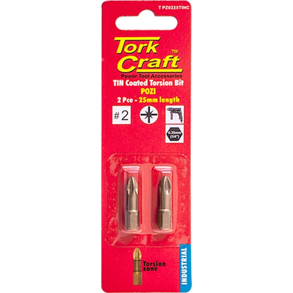 Tork Craft Pozi 2 x 25mm Insert Bit Torsion Tin Coated 2 Piece Pz2