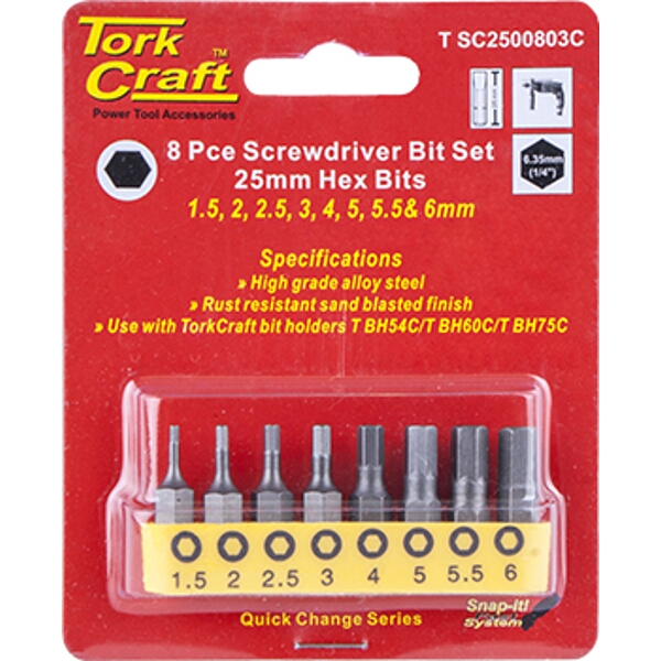 Tork Craft S/Driver Bit Set 8 Piece Hex H1.5-H6