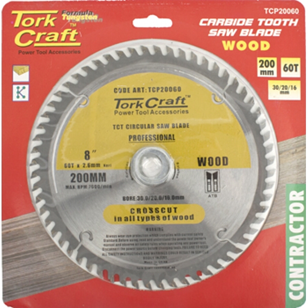 Tork Craft Blade Contractor 200 X 60T 30/20/16 Circular Saw TCT
