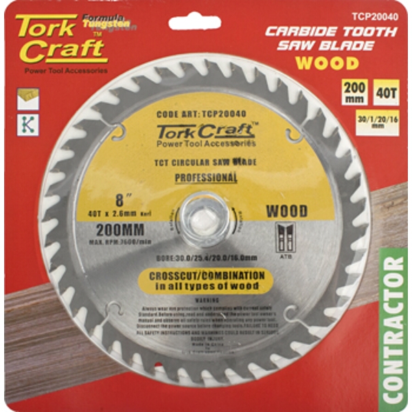 Tork Craft Blade Contractor 200 X 40T 30/1/20/16 Circular Saw TCT