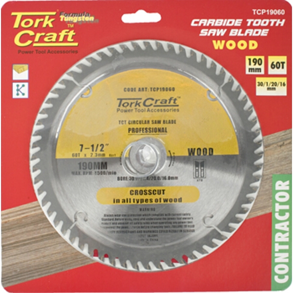 Tork Craft Blade Contractor 190 X 60T 30/1/20/16 Circular Saw TCT