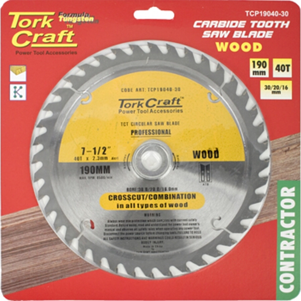 Tork Craft Blade Contractor 190 X 40T 30/20/16 Circular Saw TCT