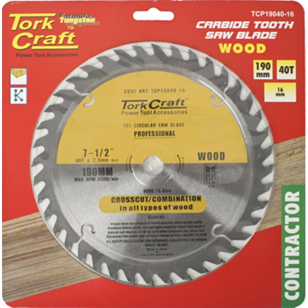 Tork Craft Blade Contractor 190 X 40T 16mm Circular Saw TCT
