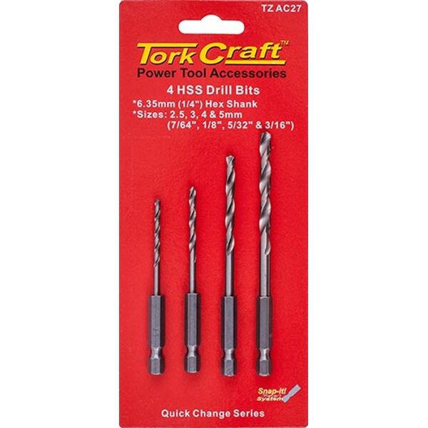 Tork Craft Hex Shank Drill Bit 4 Pce Set 2.5mm 3mm 4mm 5mm