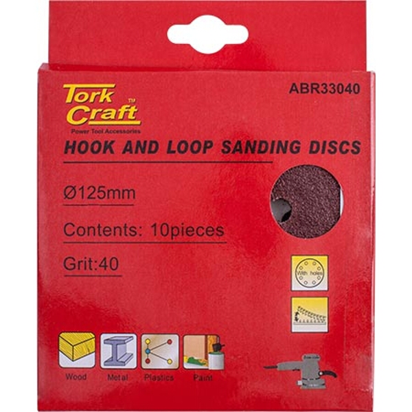 Tork Craft Sanding Disc Hook & Loop 125mm 40 Grit with Holes 10/Pk