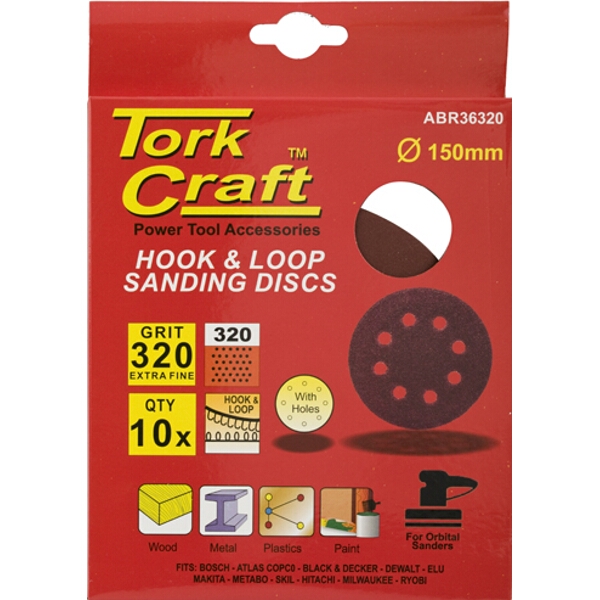 Tork Craft Sanding Disc Hook & Loop 150mm 320 Grit with Holes 10/Pk