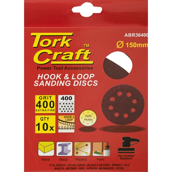 Tork Craft Sanding Disc Hook & Loop 150mm 400 Grit with Holes 10/Pk