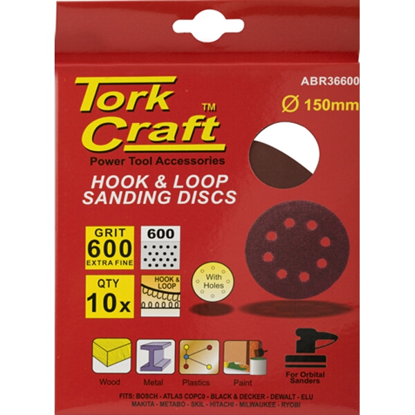 Tork Craft Sanding Disc Hook & Loop 150mm 600 Grit with Holes 10/Pk