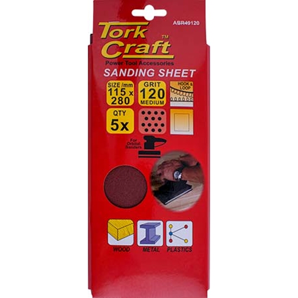 Tork Craft Sanding Sheet Orb 115 X 280mm 120gr No Holes Hook & Loop 5/Pk