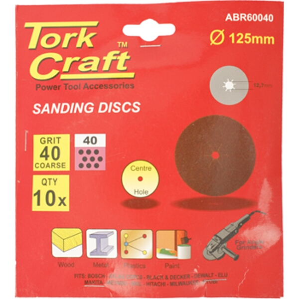 Tork Craft Sanding Disc 125mm 40 Grit Centre Hole 10/Pk