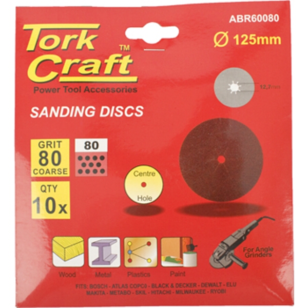 Tork Craft Sanding Disc 125mm 80 Grit Centre Hole 10/Pk