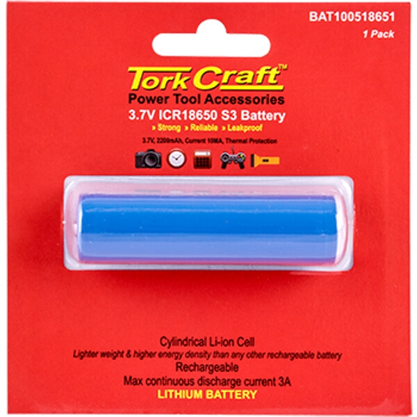 Tork Craft Battery 18650 Lithium 2200Mah Rechargeale Carded 1Pc