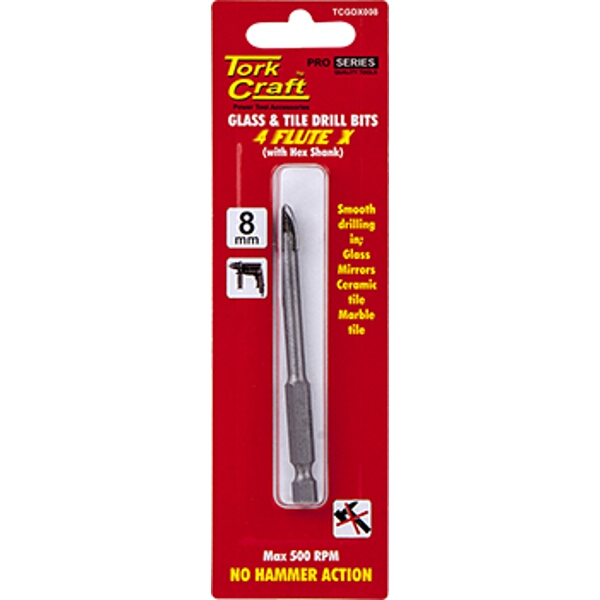 Tork Craft Glass & Tile Drill 8mm 4 Flute With Hex Shank