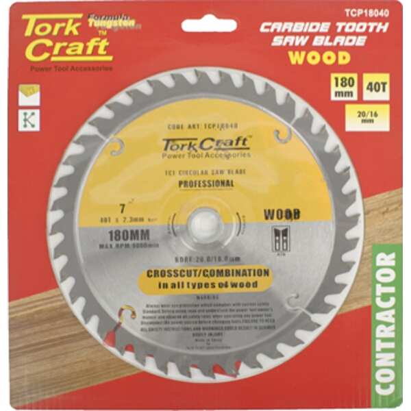 Tork Craft Blade Contractor 180 X 40T 20/16 Circular Saw TCT