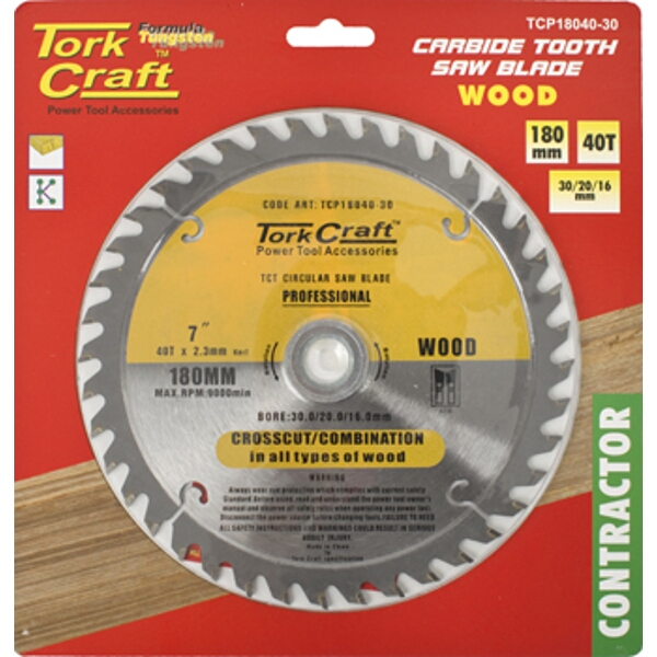 Tork Craft Blade Contractor 180 X 40T 30/20/16 Circular Saw TCT