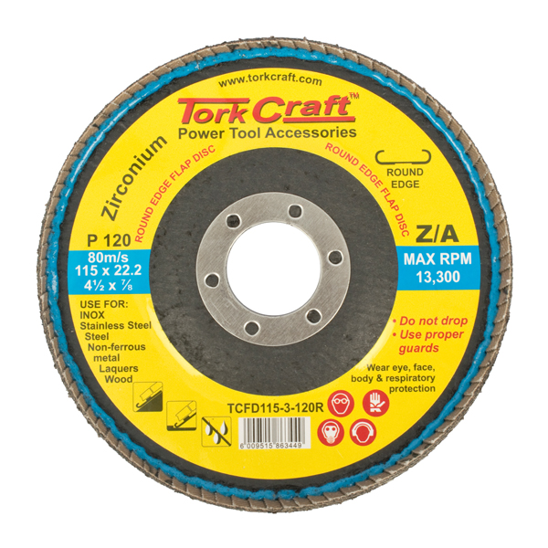 Tork Craft Flap Disc Round Edge Zirconium 115mm 120 Grit Flat